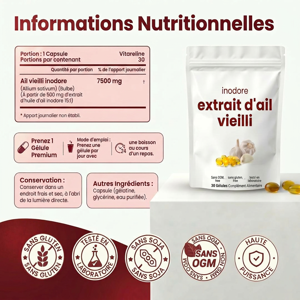 Extrait d'Ail Vieilli Inodore — Soutien Cardiovasculaire et Immunitaire